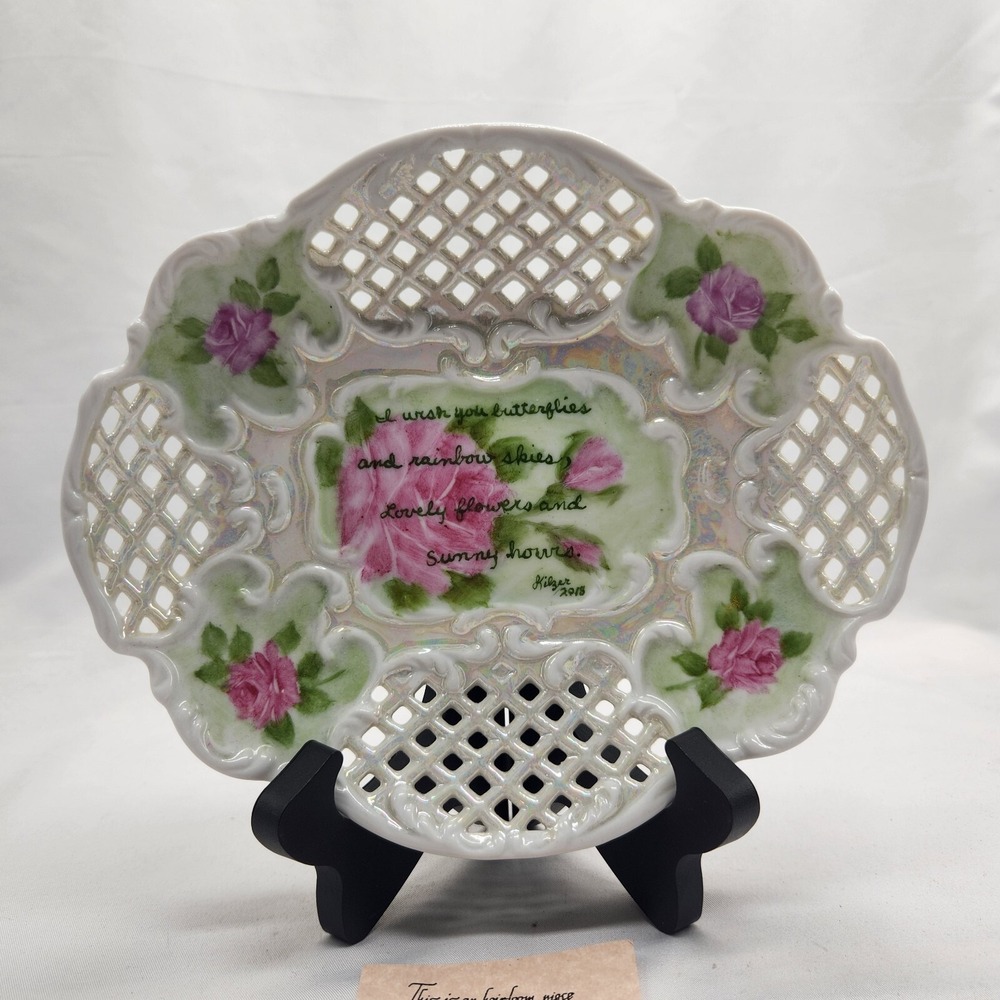 VICTORIAN Tea Rose Platter Formalities Tray Plate Hand Painted Porcelain Lace...